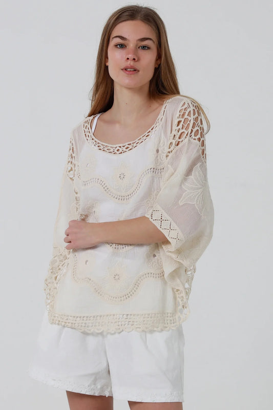Ecru Floral Embroidered Crochet Top