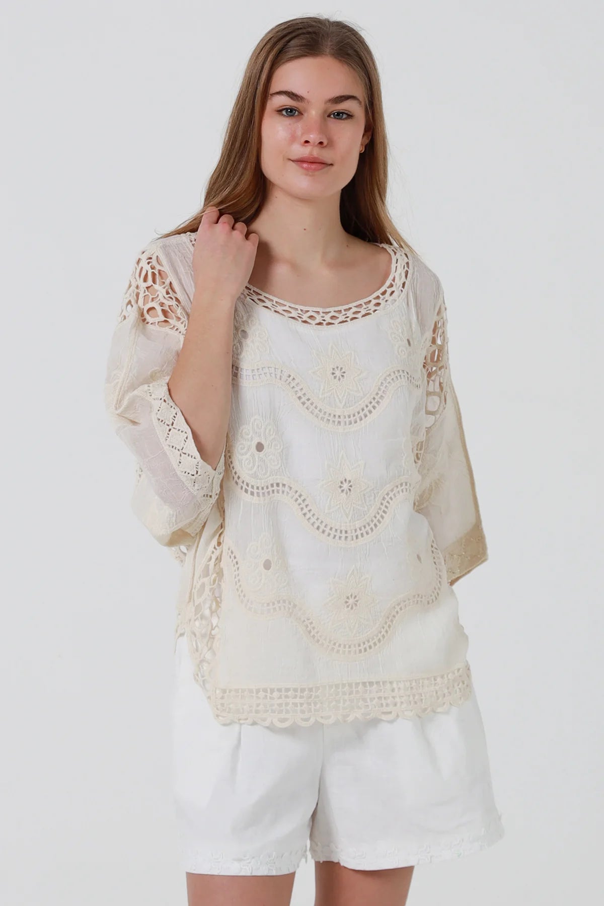 Ecru Floral Embroidered Crochet Top