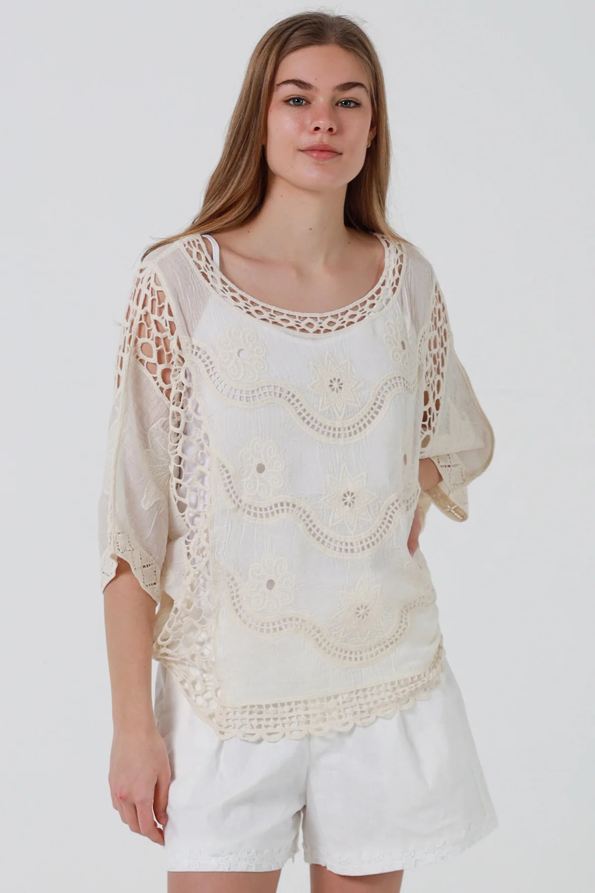 Ecru Floral Embroidered Crochet Top