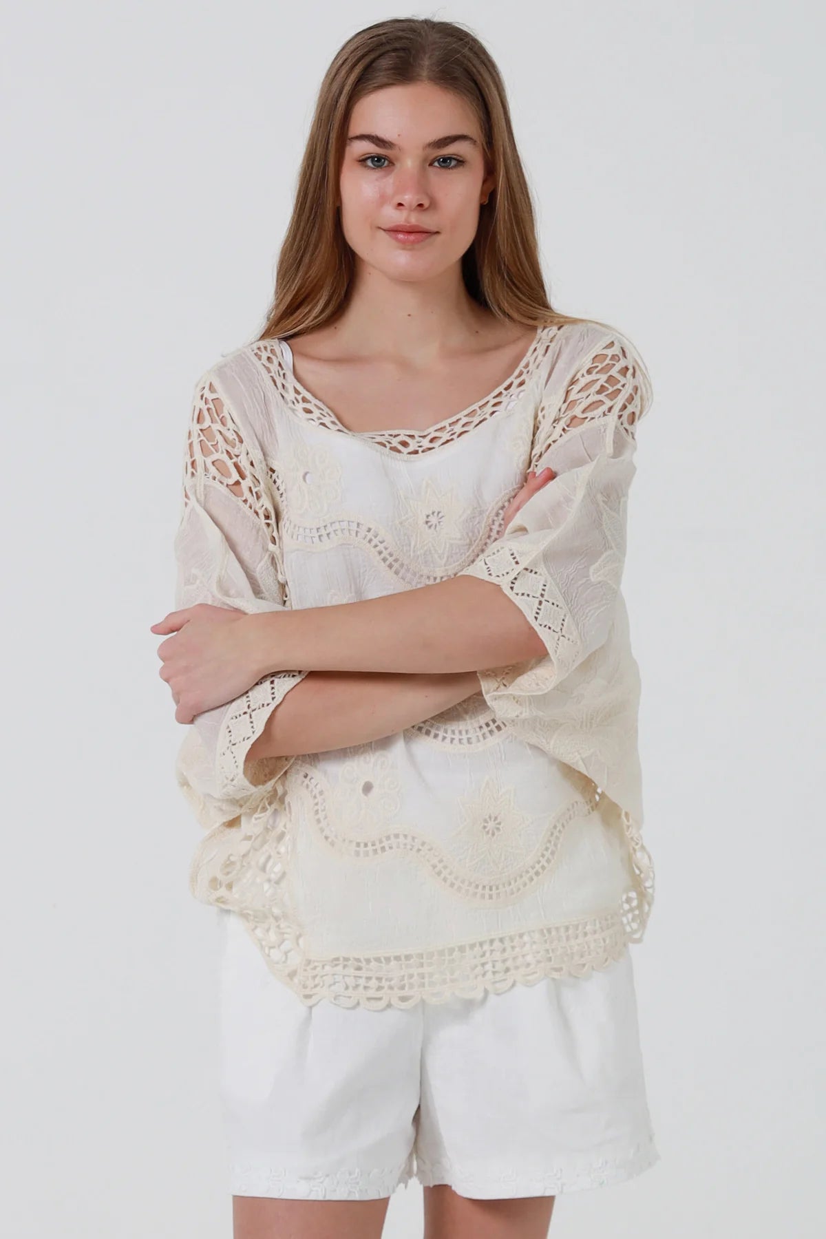 Ecru Floral Embroidered Crochet Top