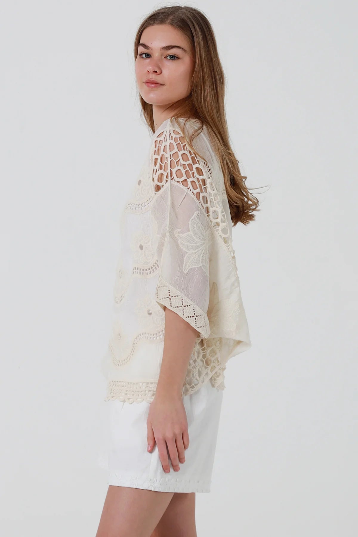 Ecru Floral Embroidered Crochet Top