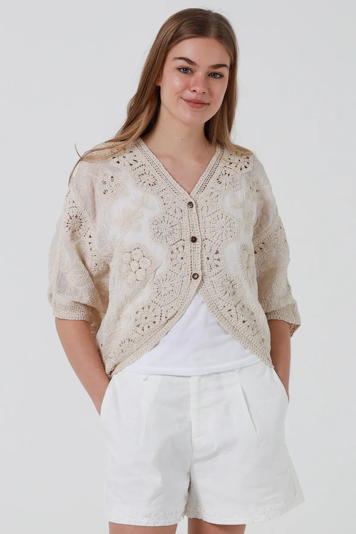 Natural Floral Crochet Button Top