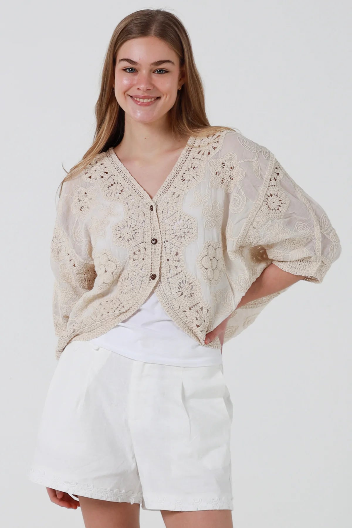 Natural Floral Crochet Button Top