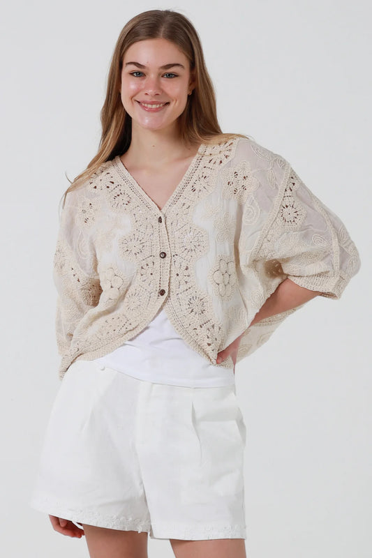 Natural Floral Crochet Button Top