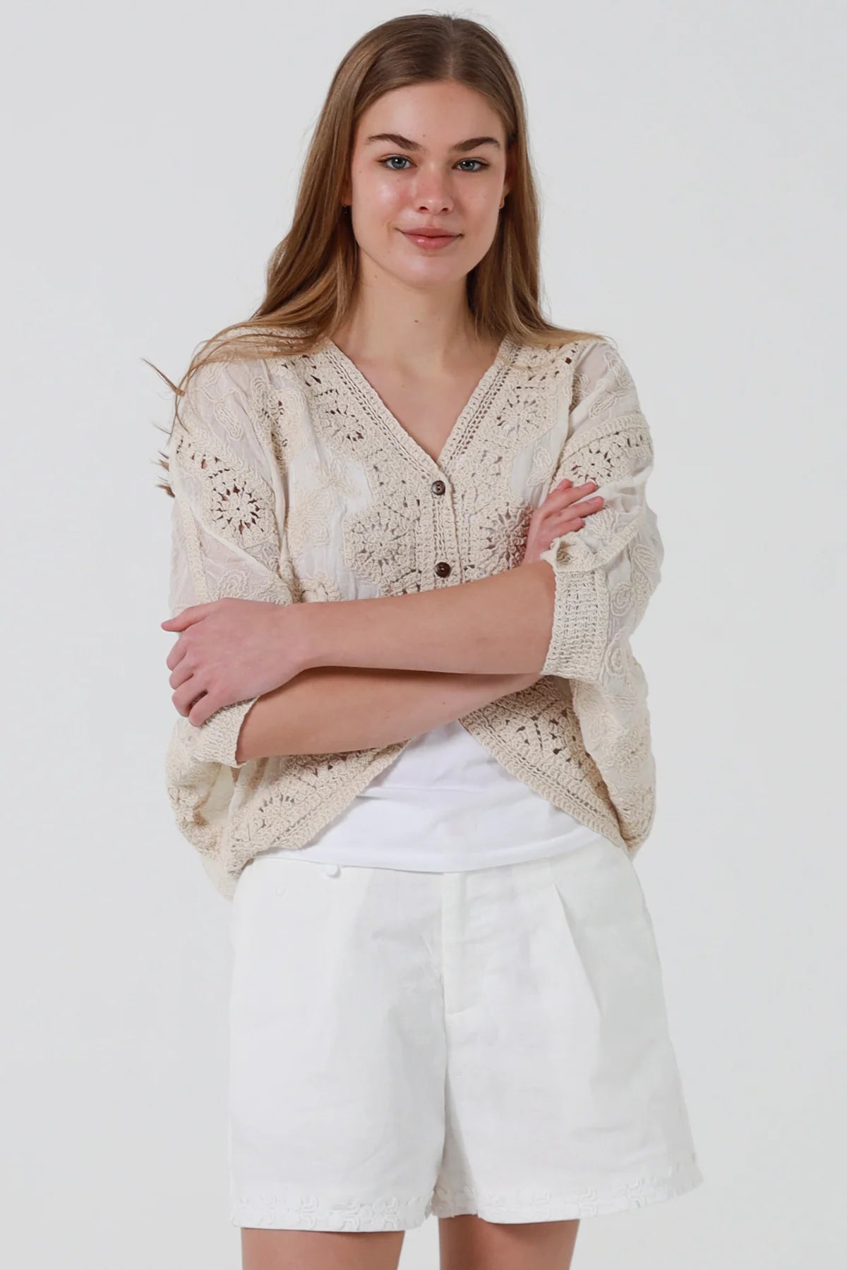 Natural Floral Crochet Button Top