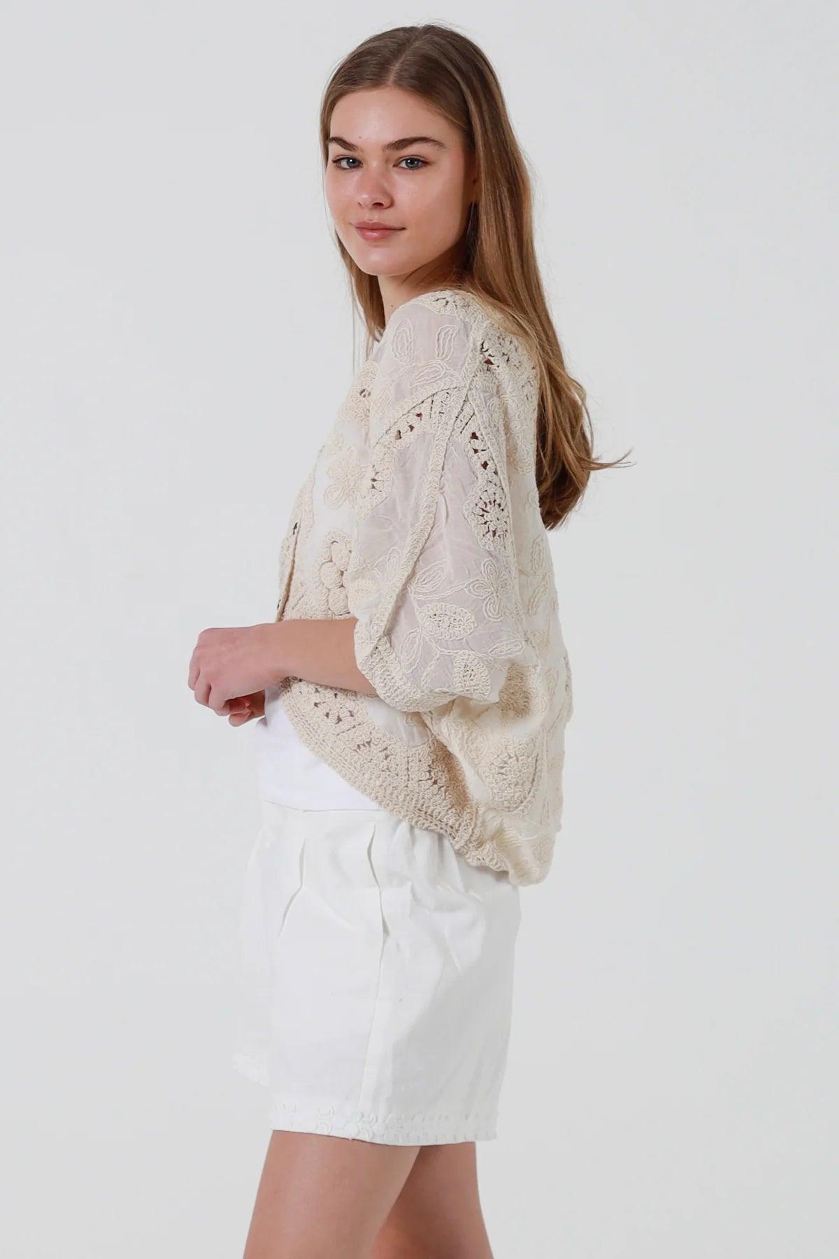 Natural Floral Crochet Button Top
