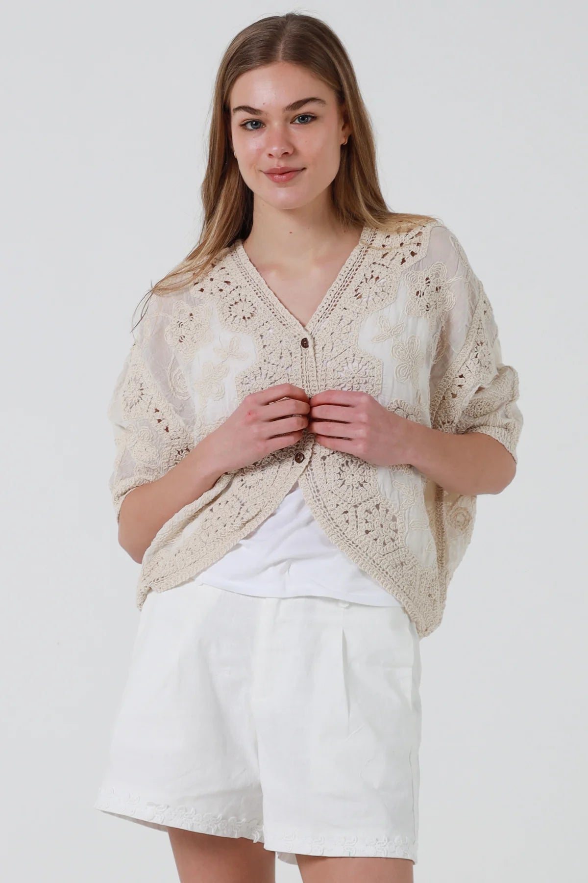 Natural Floral Crochet Button Top