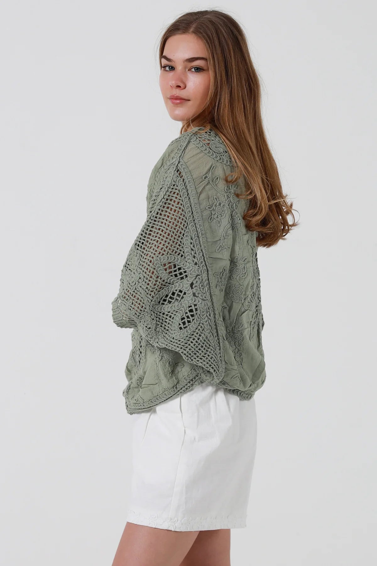 Khaki Cotton Crochet Detail Top