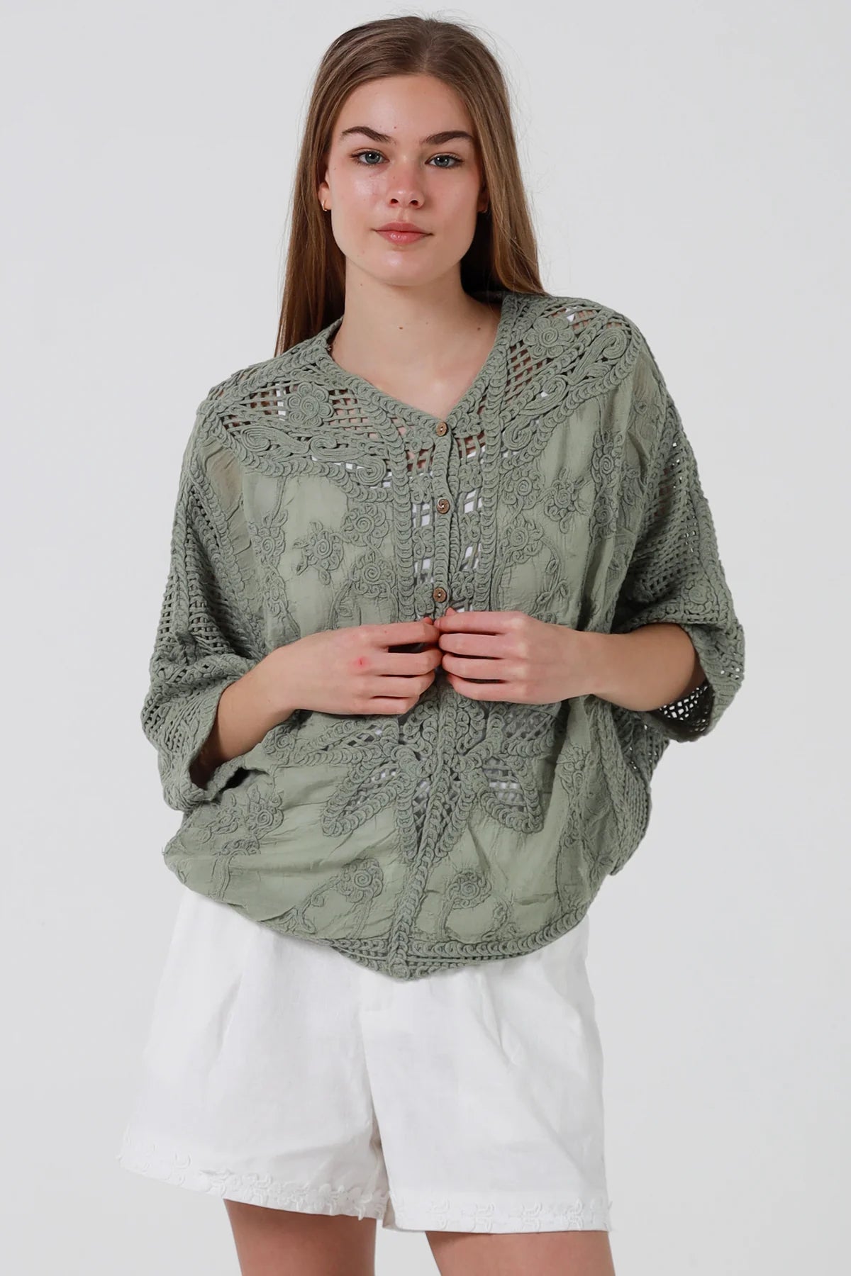 Khaki Cotton Crochet Detail Top