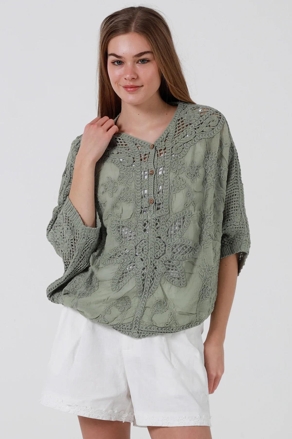 Khaki Cotton Crochet Detail Top