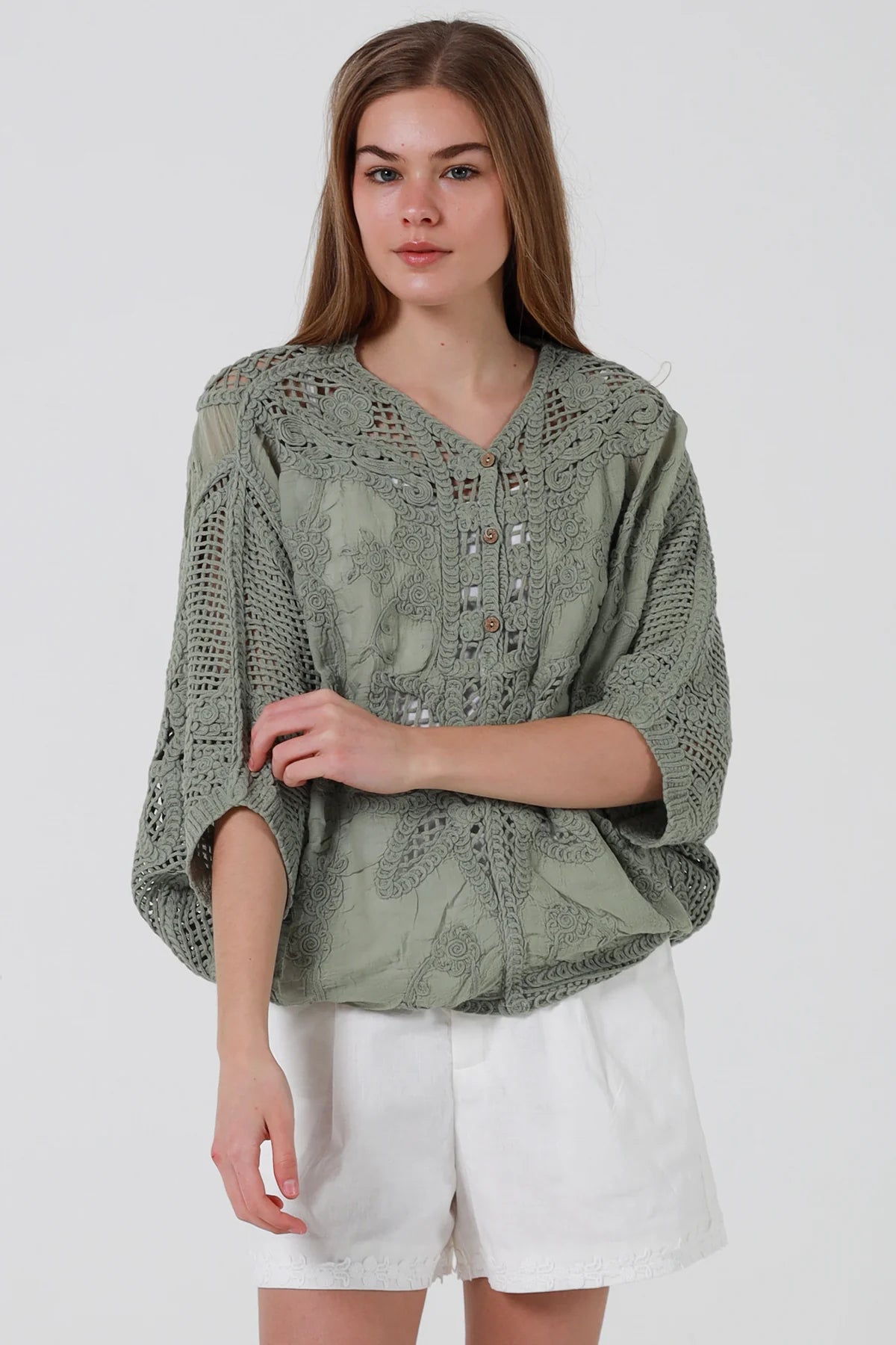Khaki Cotton Crochet Detail Top