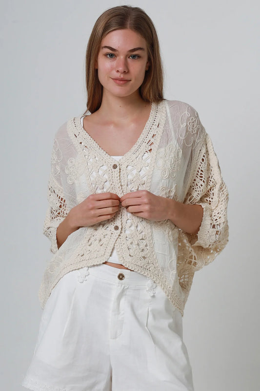 Ivory Cotton Crochet Batwing Top