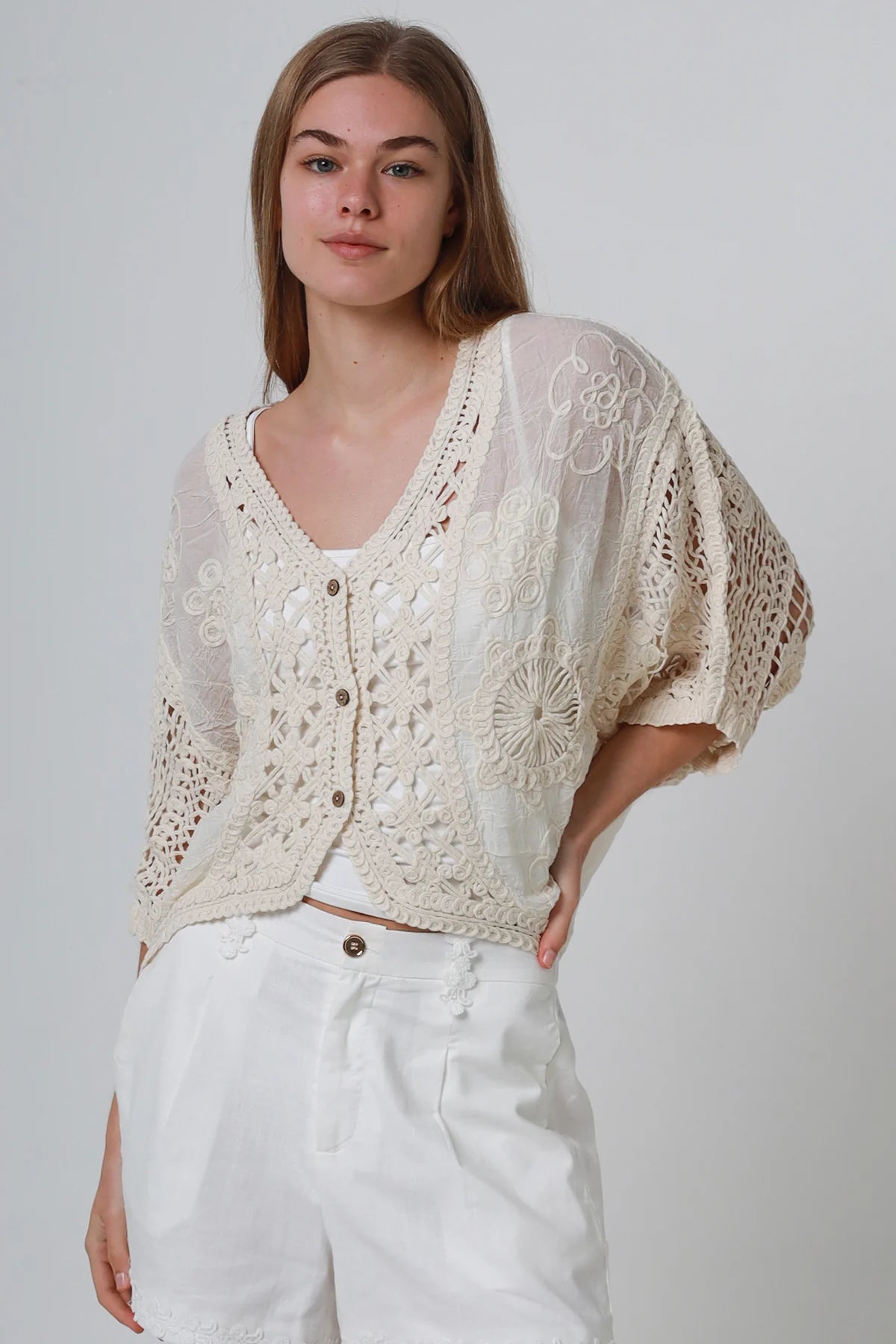 Ivory Cotton Crochet Batwing Top