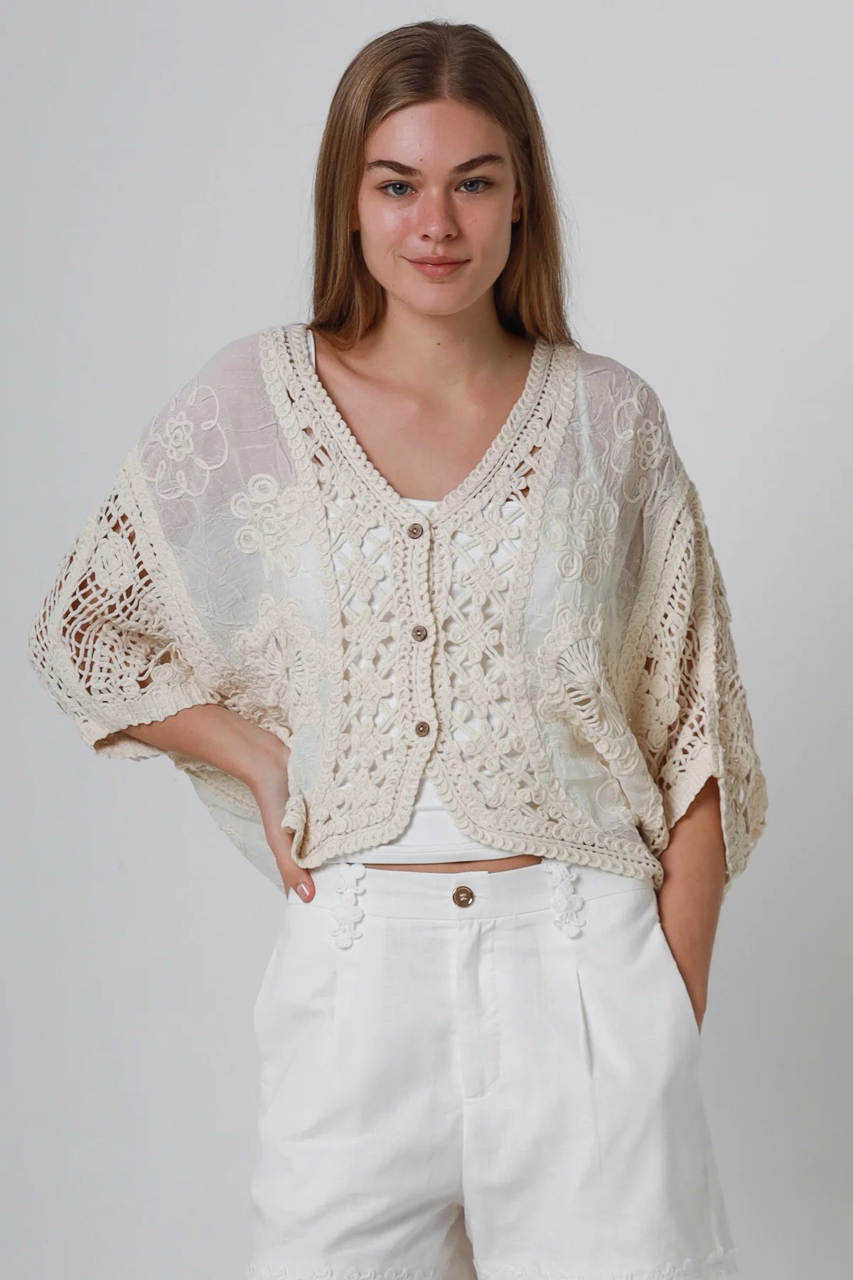 Ivory Cotton Crochet Batwing Top