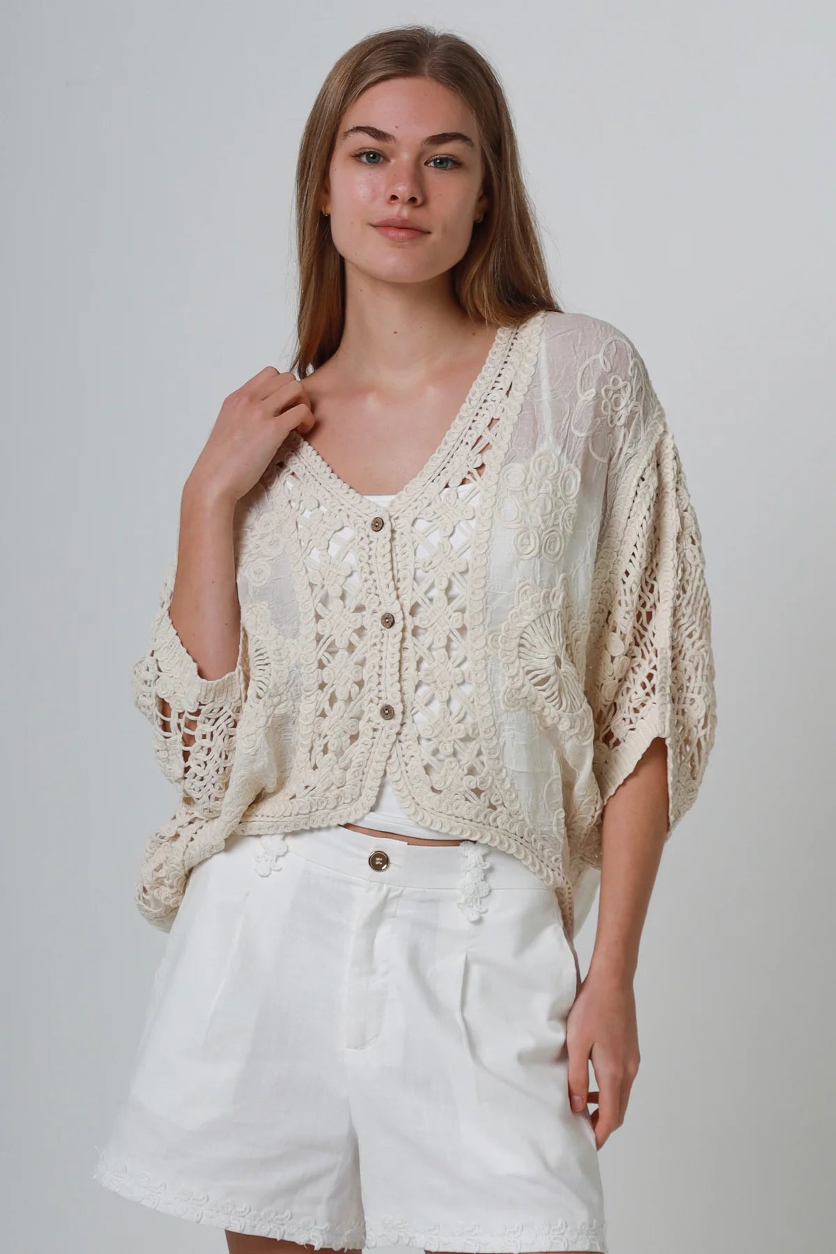 Ivory Cotton Crochet Batwing Top