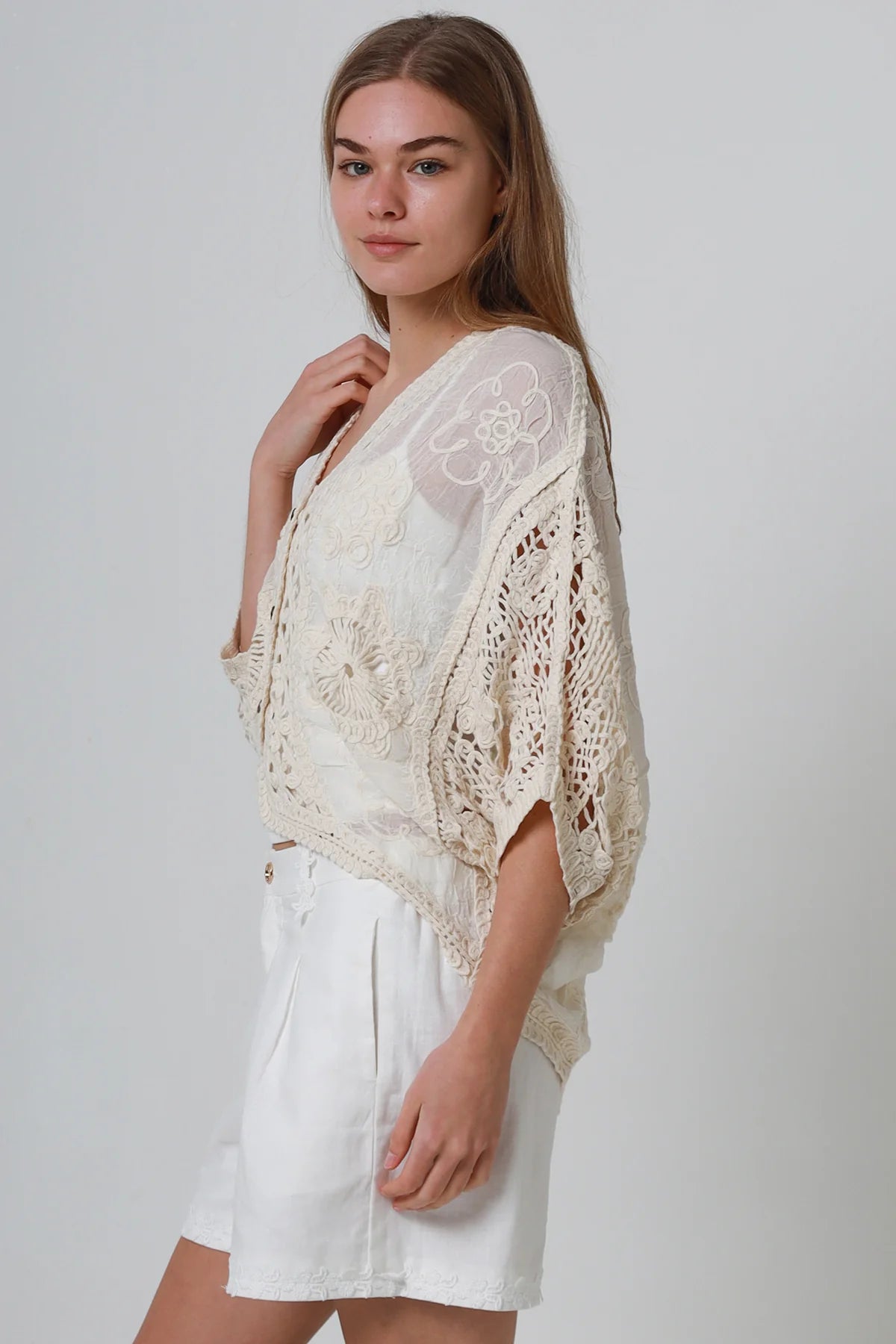 Ivory Cotton Crochet Batwing Top