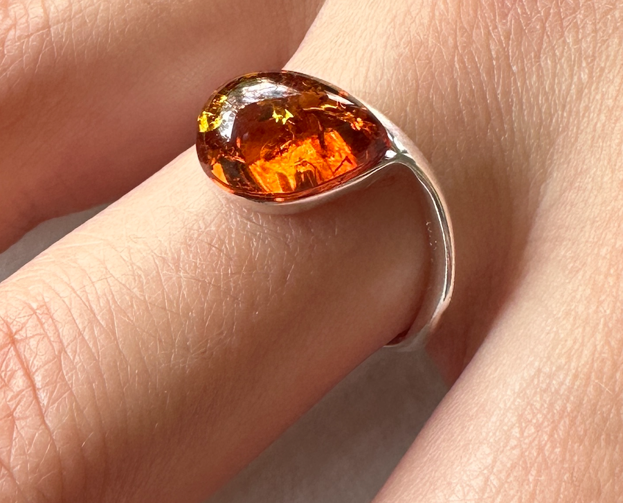 Sterling Silver & Amber Teardrop Ring