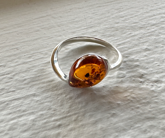 Sterling Silver & Amber Teardrop Ring