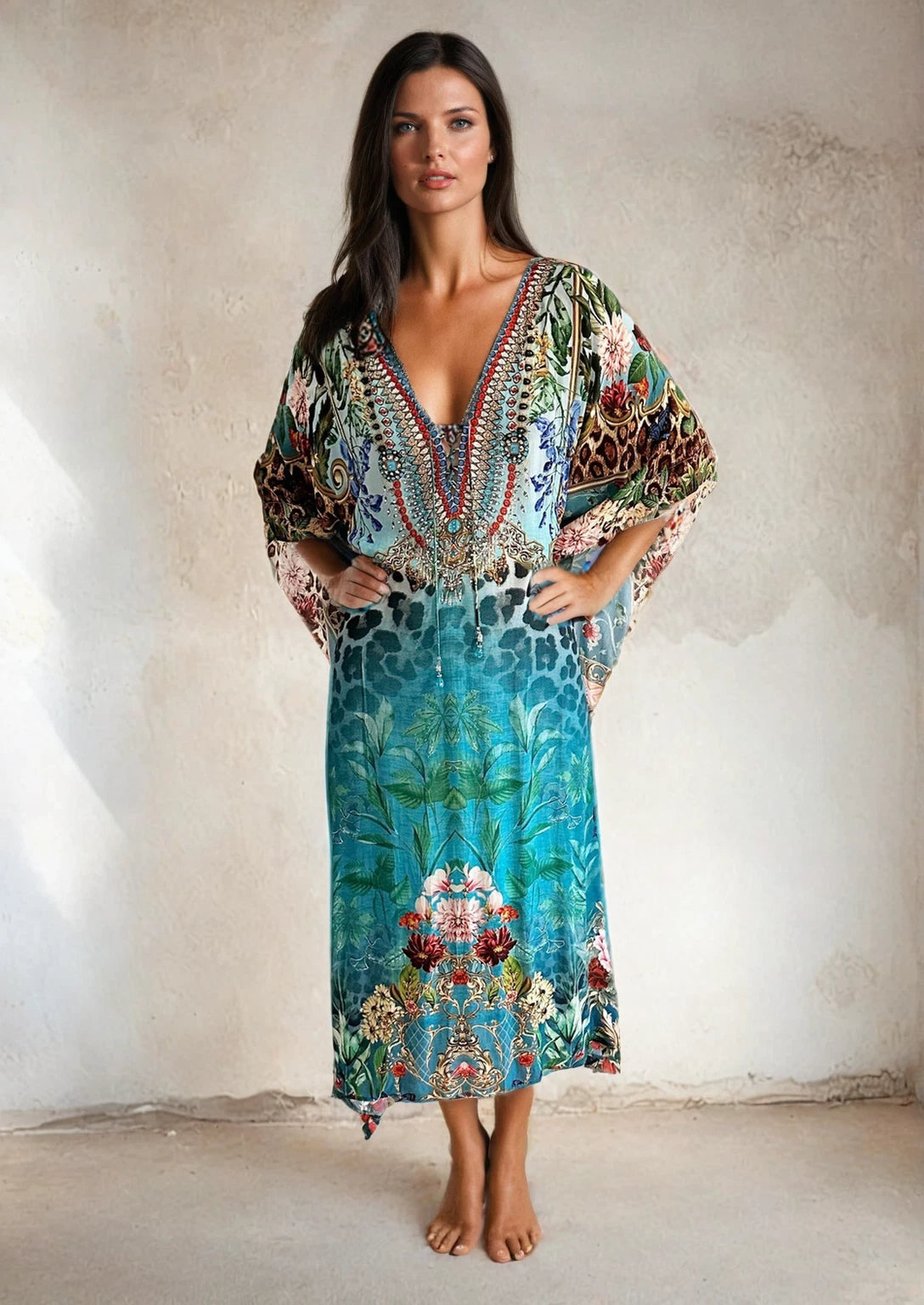 Serenity Luxe Teal Green Floral Lace Up Kaftan