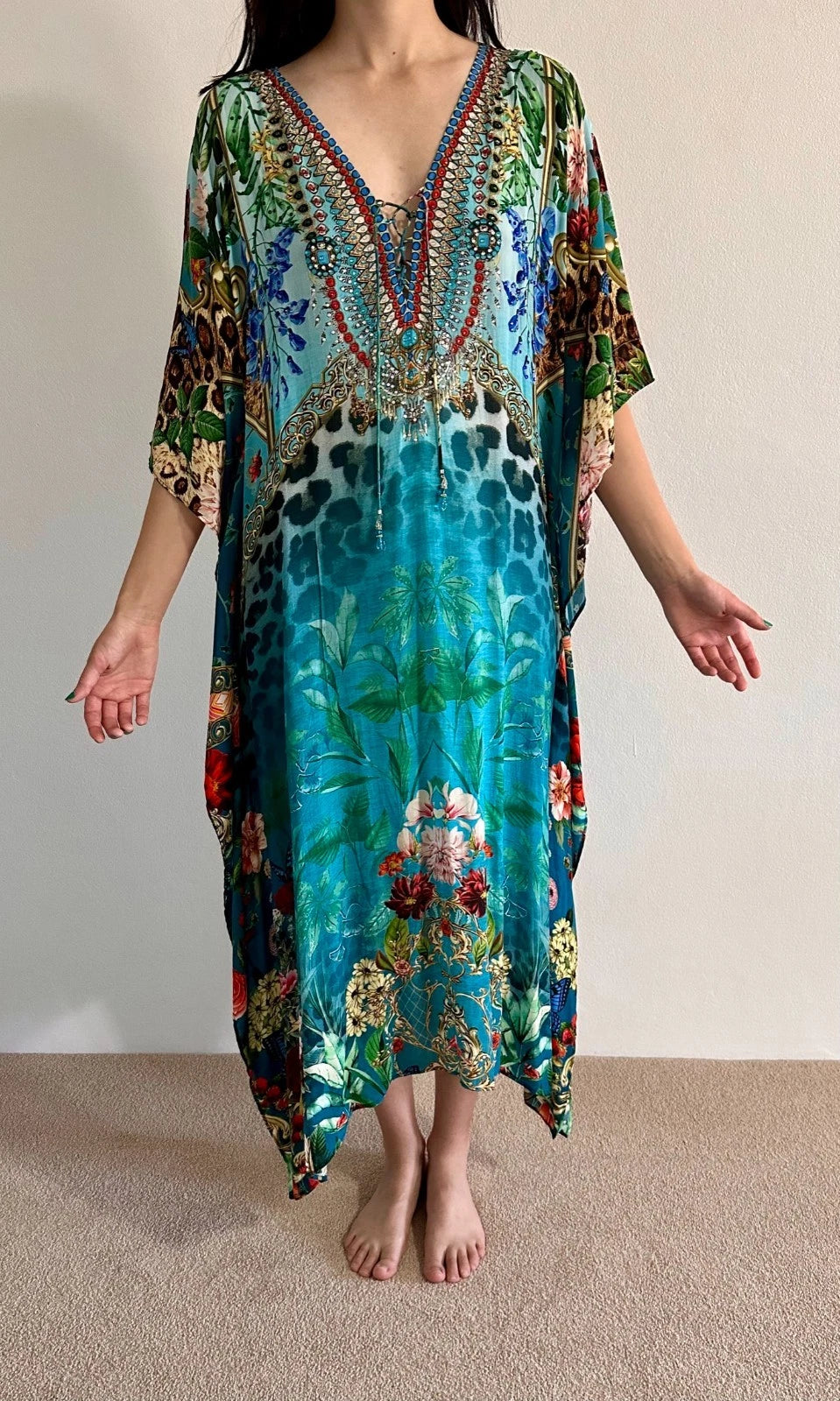 Serenity Luxe Teal Green Floral Lace Up Kaftan