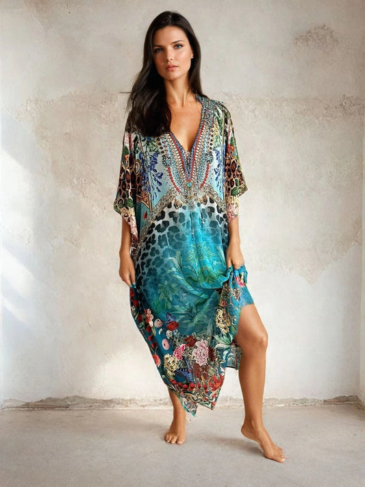 Serenity Luxe Teal Green Floral Lace Up Kaftan