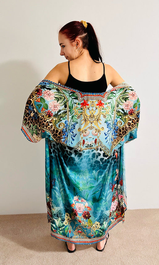 Serenity Luxe Teal Green Floral Embellished Kimono