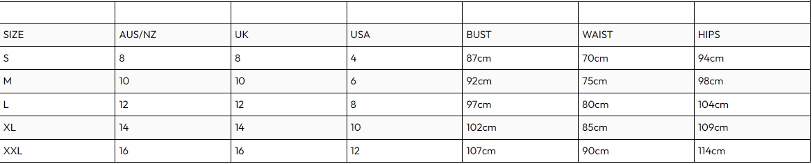 LOL size chart @ Saucy Ladies