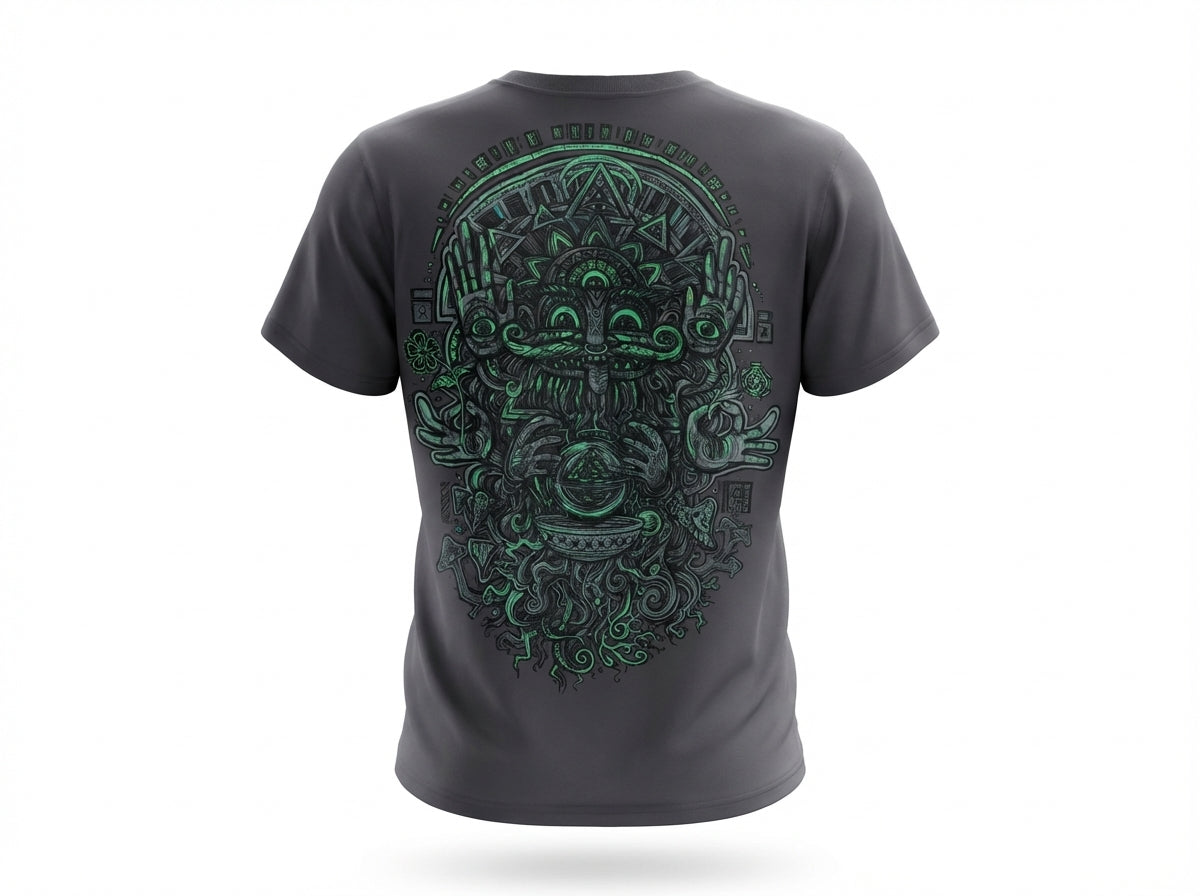 Gray t-shirt with green intricate design on the back against a white background