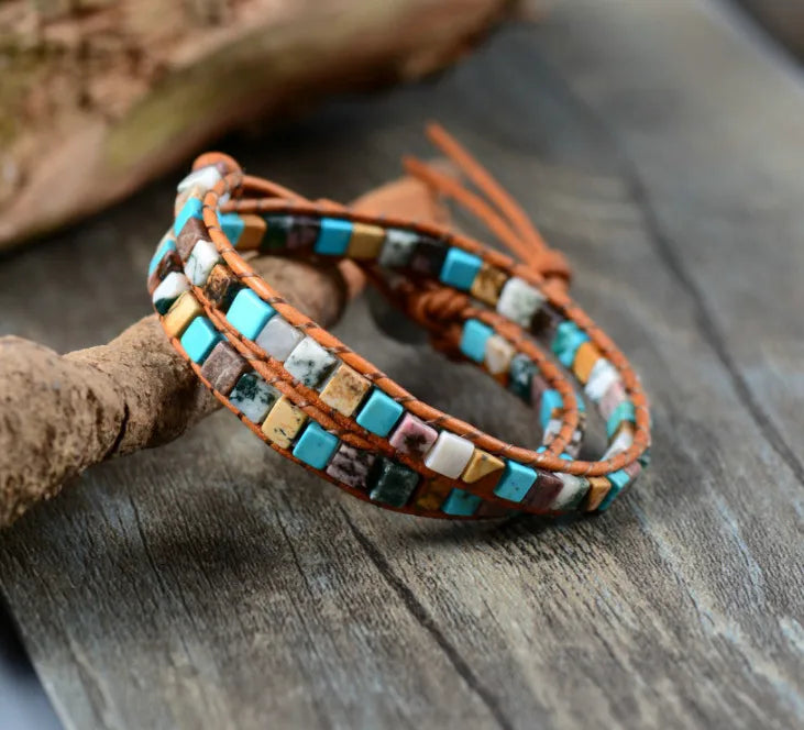 Multicolored beaded bracelet on a wooden surface