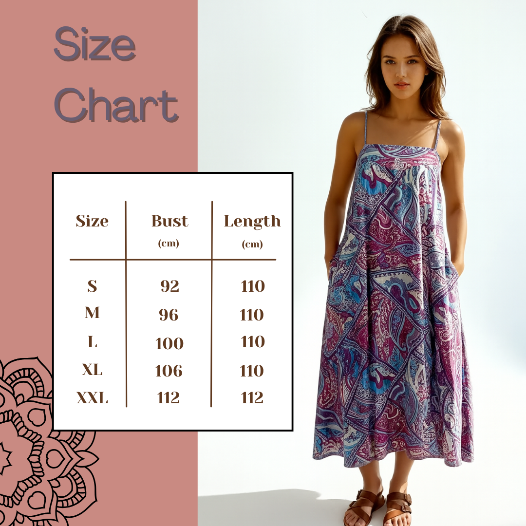 Woman wearing a patterned dress with a size chart on a pink background