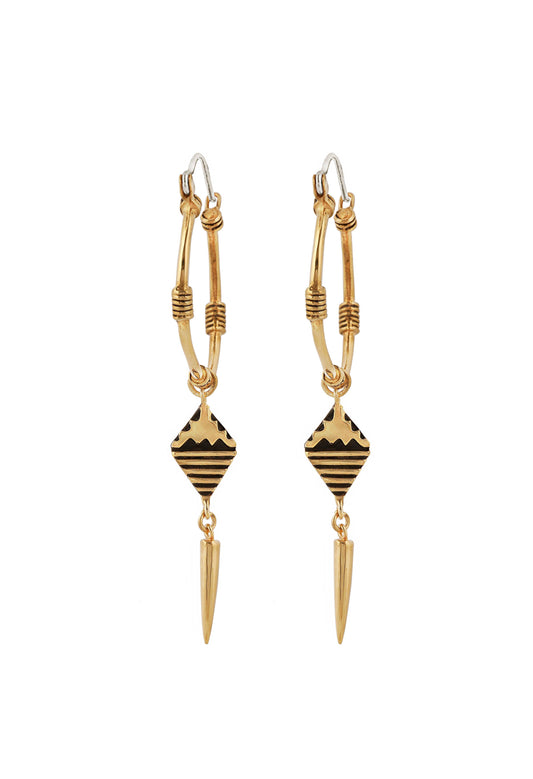 Gold and black earrings on a white background