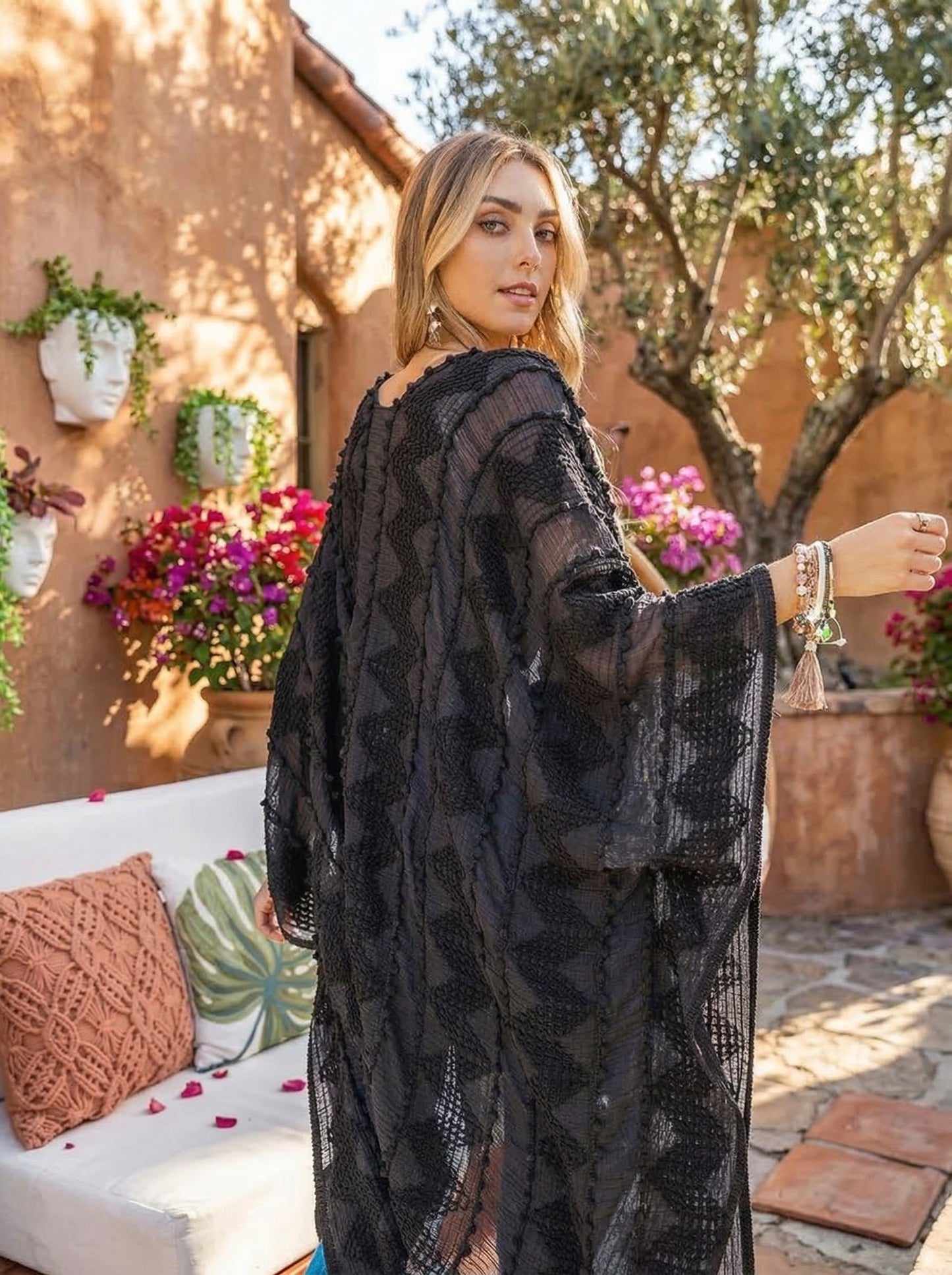 Cheyenne Embroidered Zig Zag Soft Kimono - Black