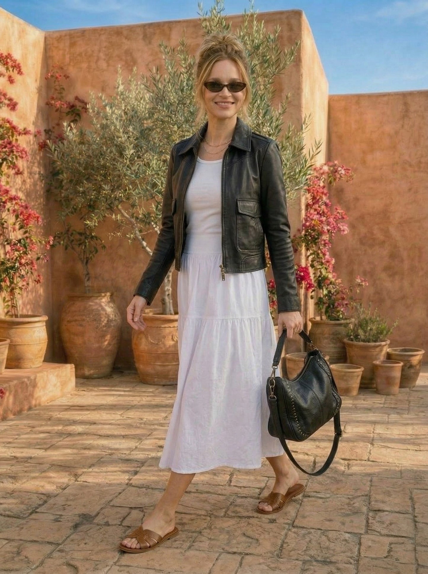 Mila Leather Tote Black, Misty Rose, Camel