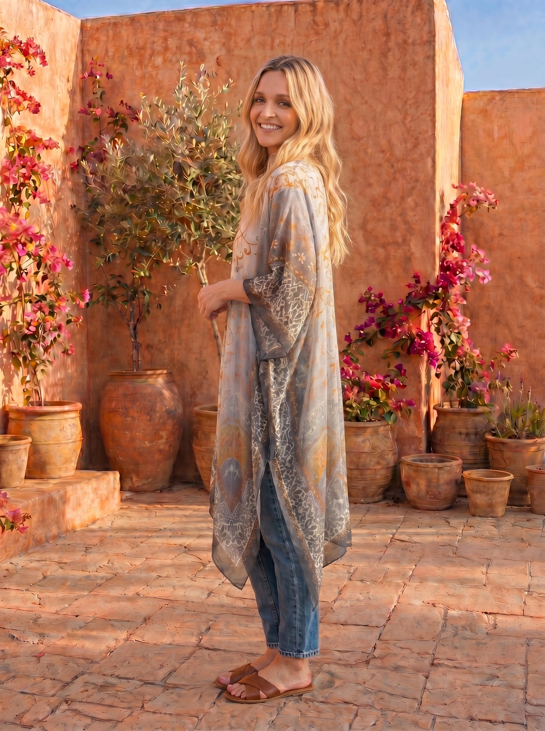 woman wearing ombre grey patterned kimono