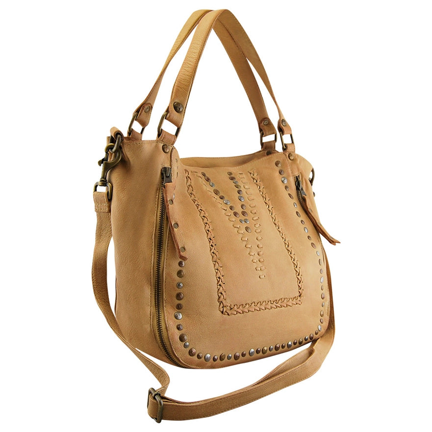 Mila Leather Tote Black, Misty Rose, Camel