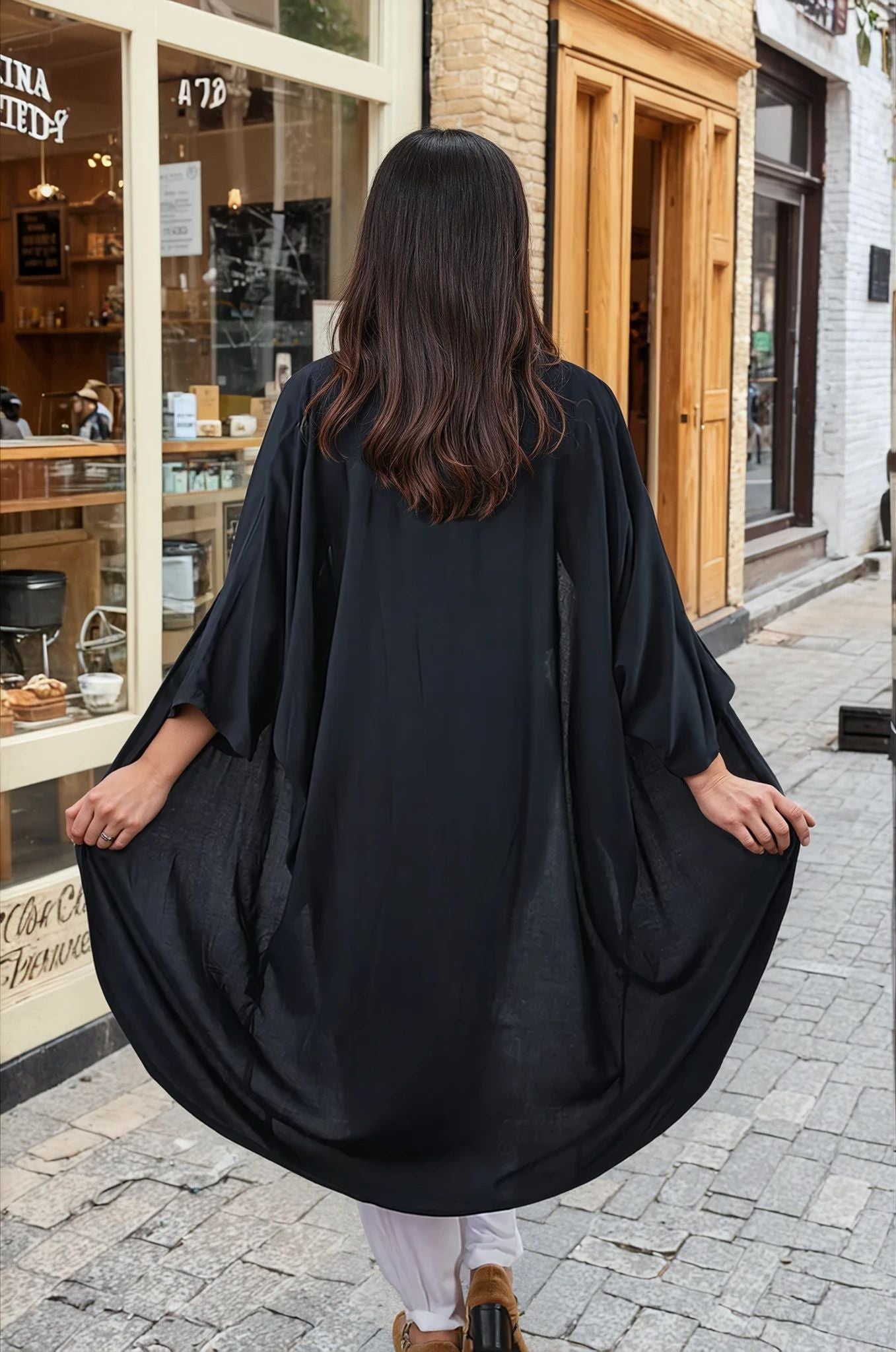 Person wearing a black coat walking on a street with shops in the background