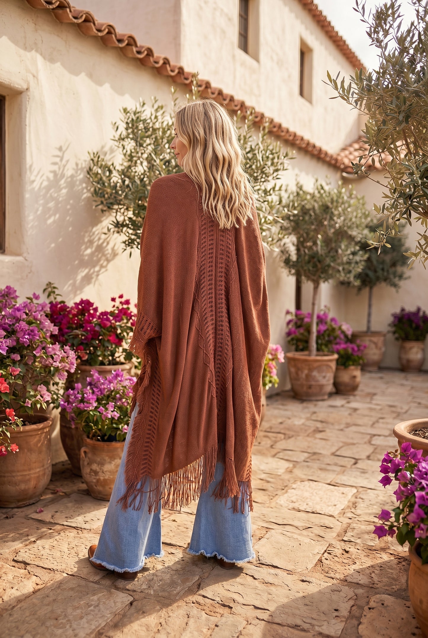 Freyja Bohemian Ruana Wrap - Brown, Black, Grey, Beige/Cream