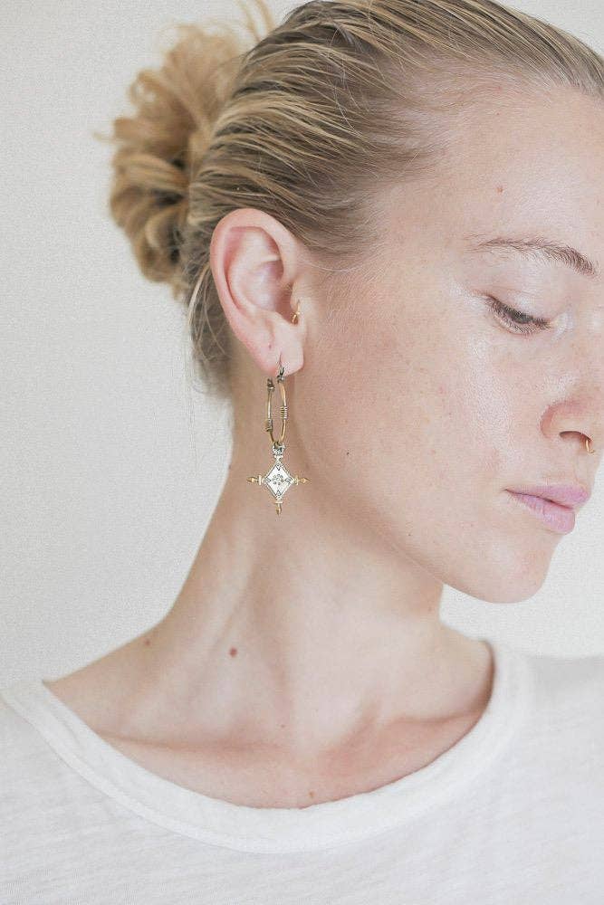 Close-up of a person wearing a gold earring with a star design on a plain background