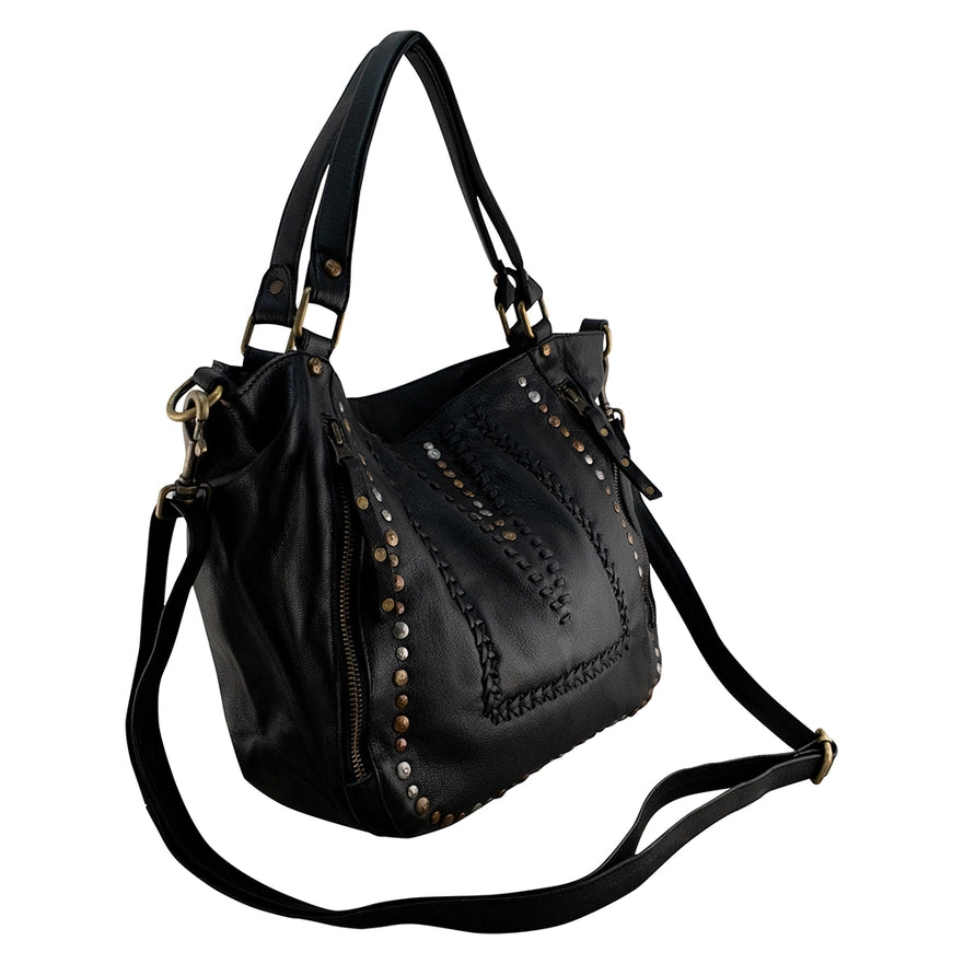 Mila Leather Tote Black, Misty Rose, Camel