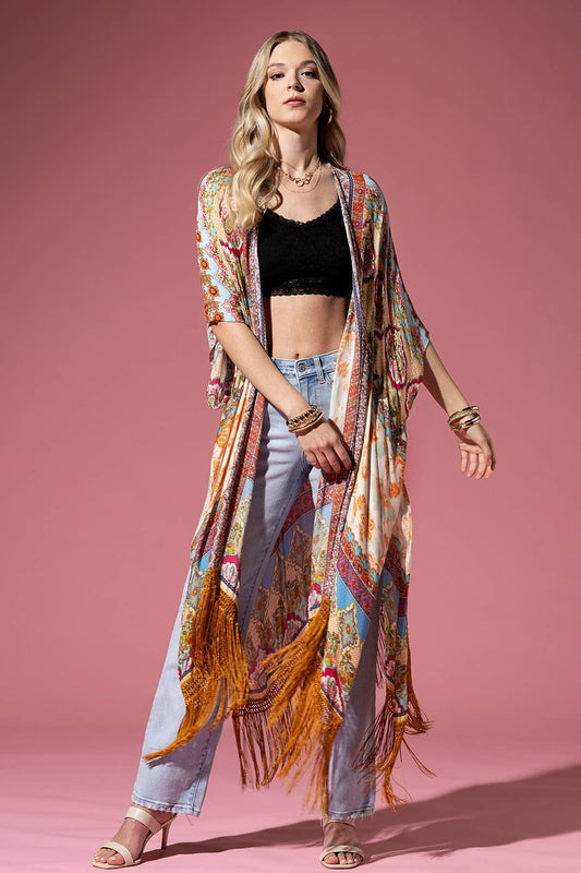 Cairo Demask Print Fringe Kimono