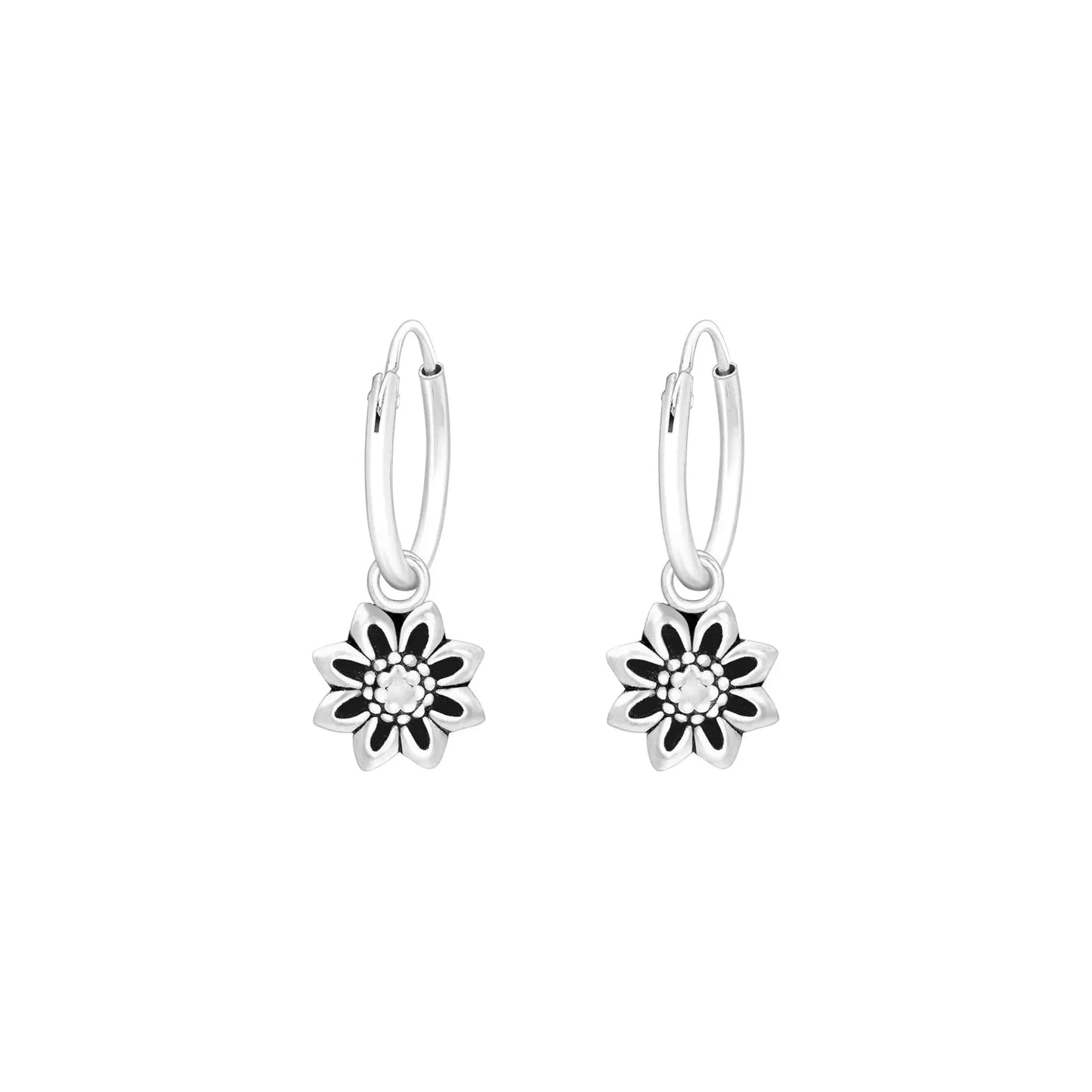 Silver Hanging Flower Huggies Earrings Oxidized
