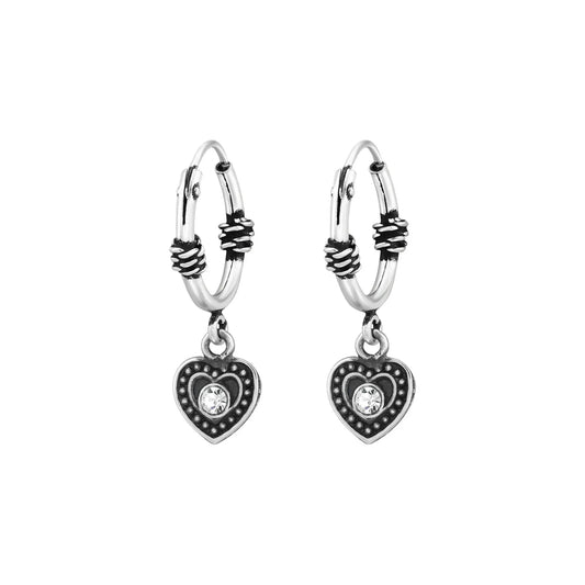 Silver Hanging Heart Oxidised Huggies Earrings