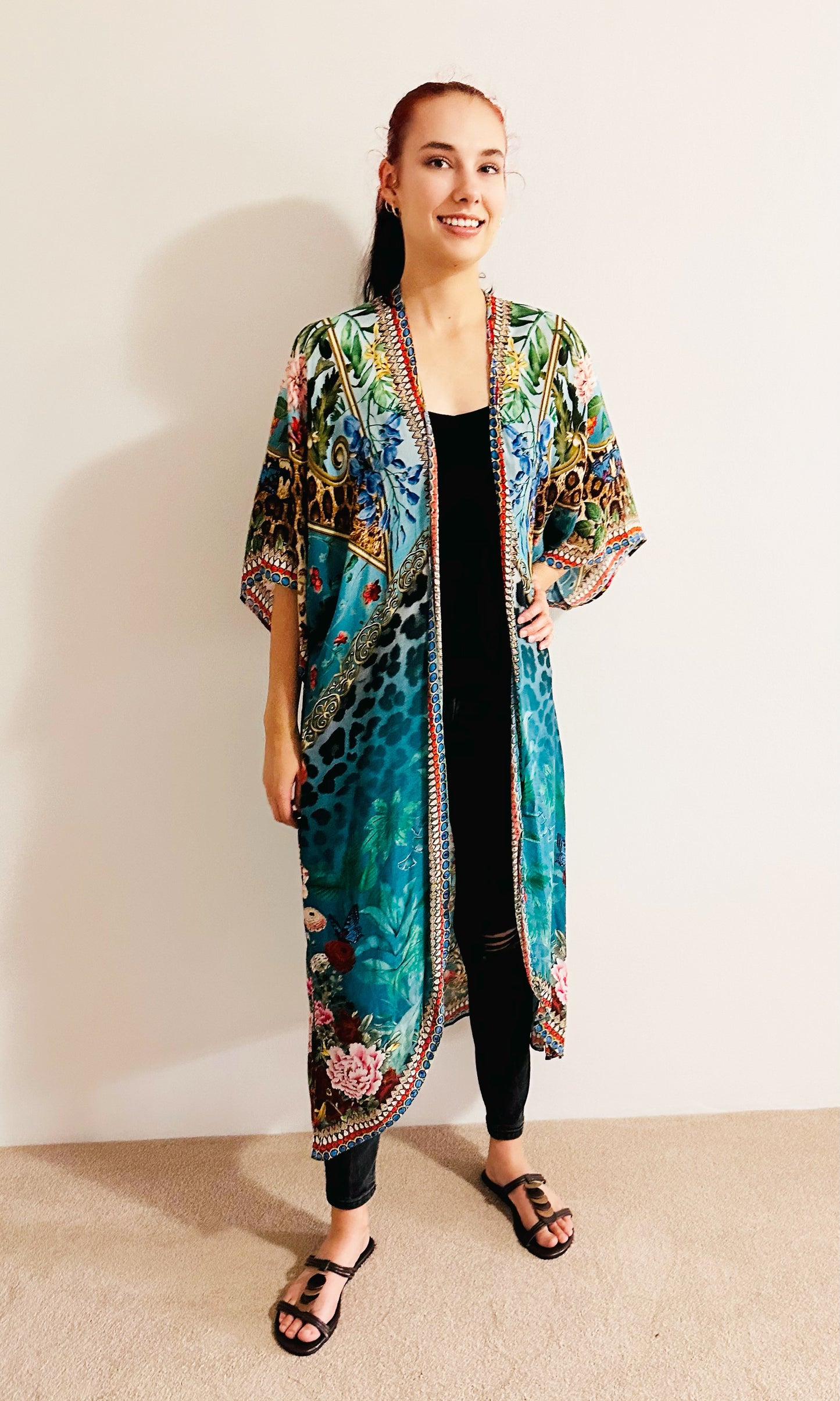 Serenity Luxe Teal Green Floral Embellished Kimono