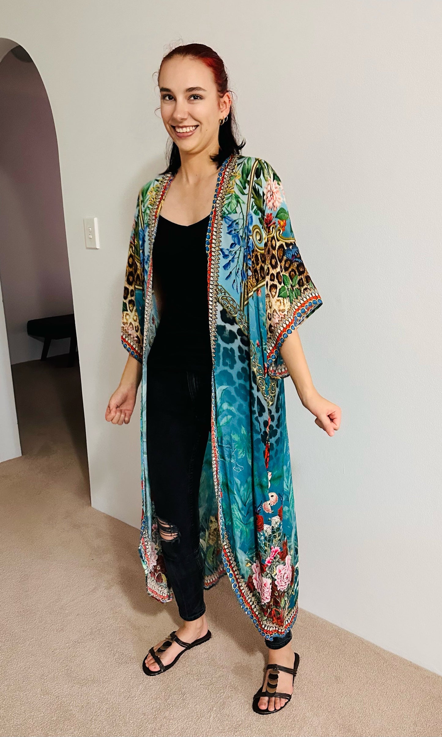 Serenity Luxe Teal Green Floral Embellished Kimono