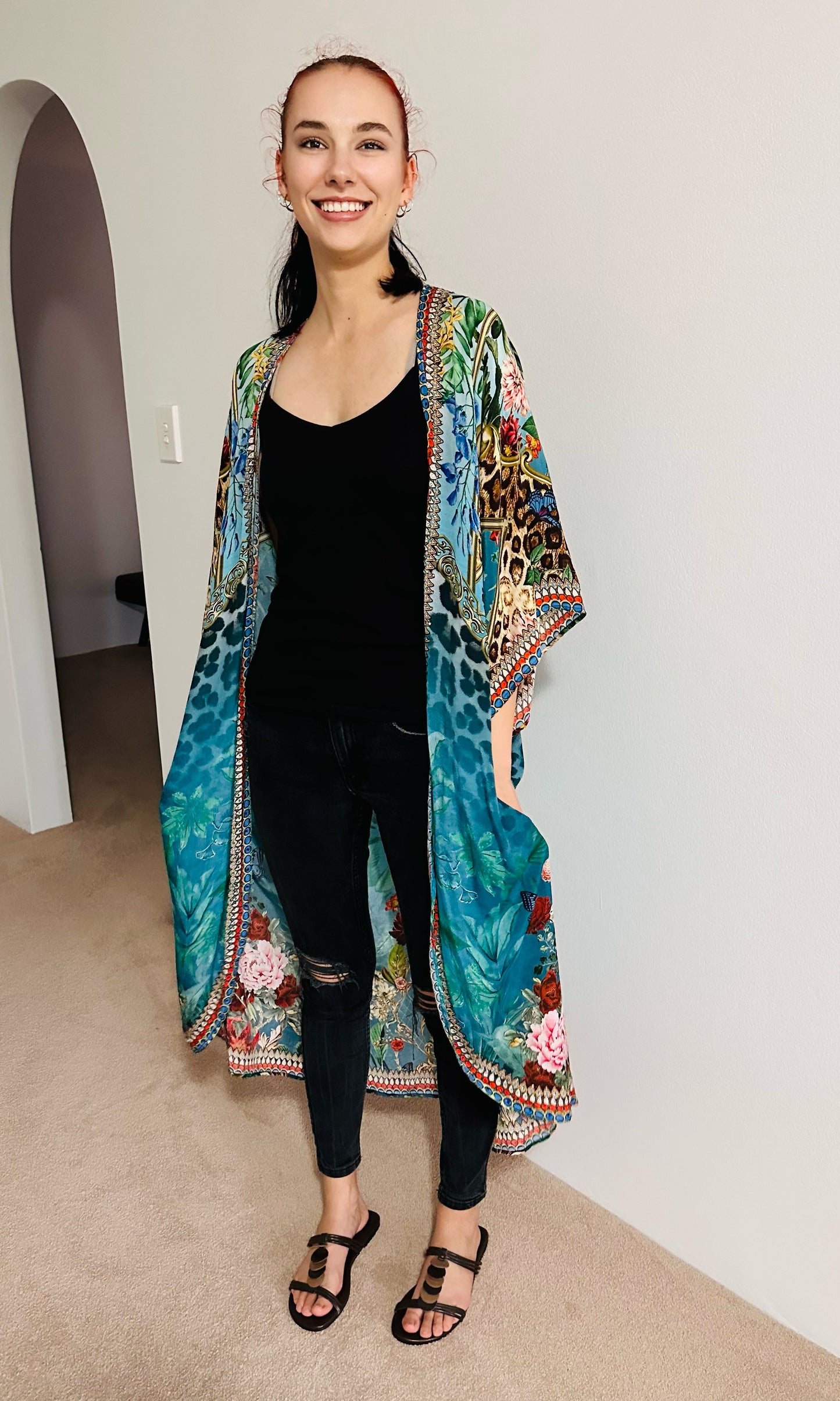 Serenity Luxe Teal Green Floral Embellished Kimono