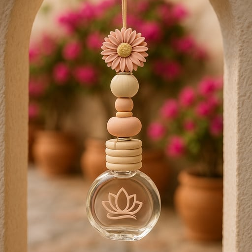 Decorative hanging car air freshener with floral design in front of pink flowers.