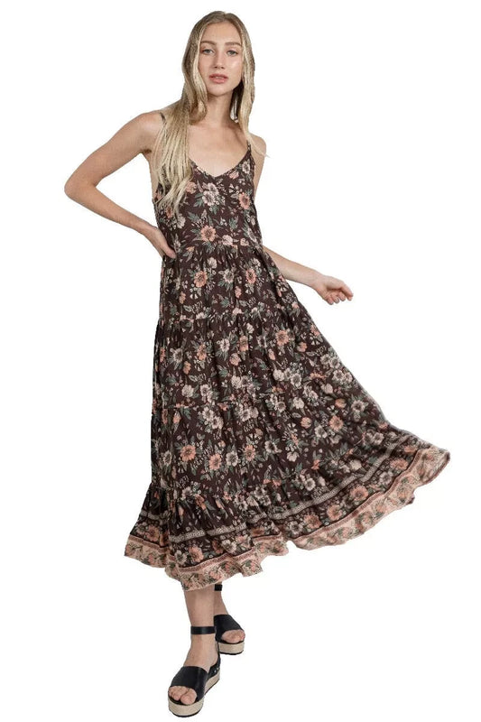Nina Boho Chocolate Floral Slip Summer Dress