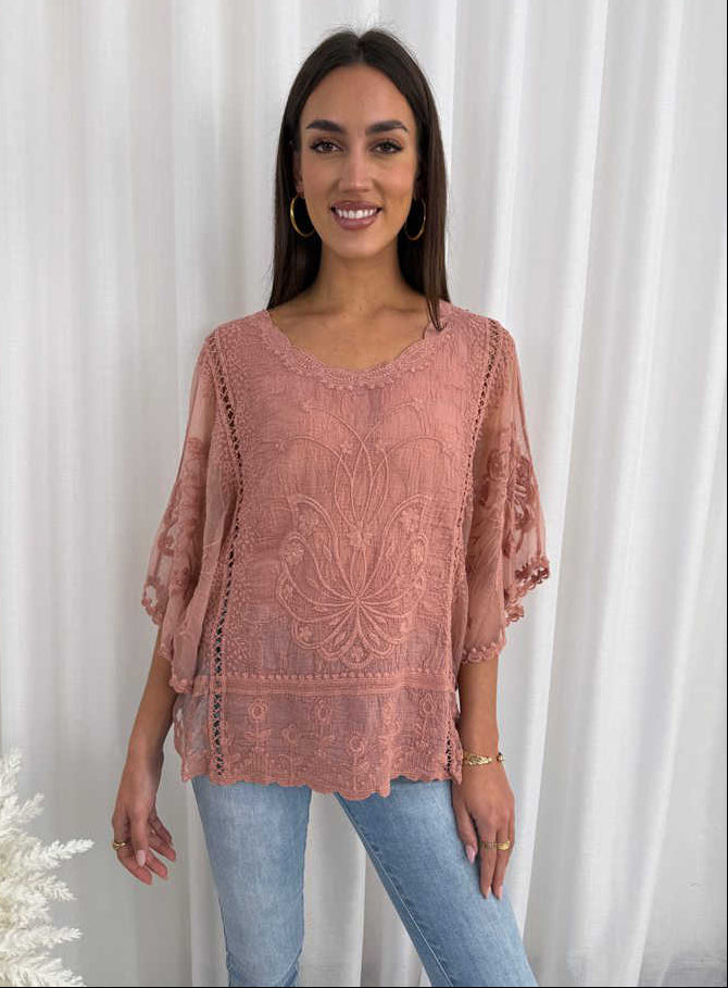 Delilah Embroidered Lace Blouse – Boho Chic Batwing Top