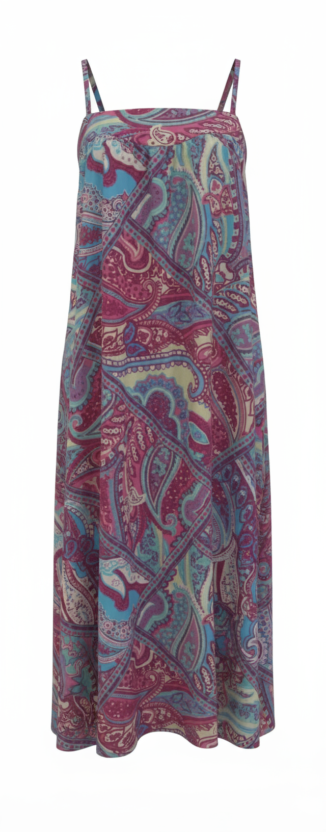 Multicolored patterned slip dress on a white background